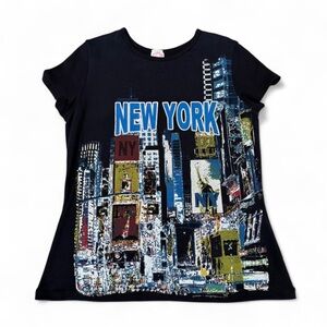 Vintage y2k Baby Tee XL NYC Times Square Graphic Sparkle Print Black
